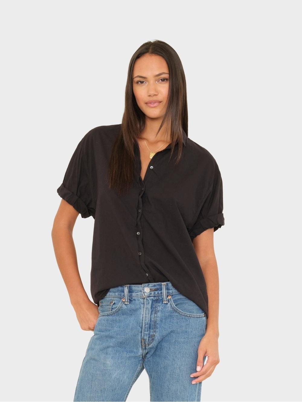 XiRENA Channing Cotton Shirt Medium Black Short Sleeve Button Front Oversized